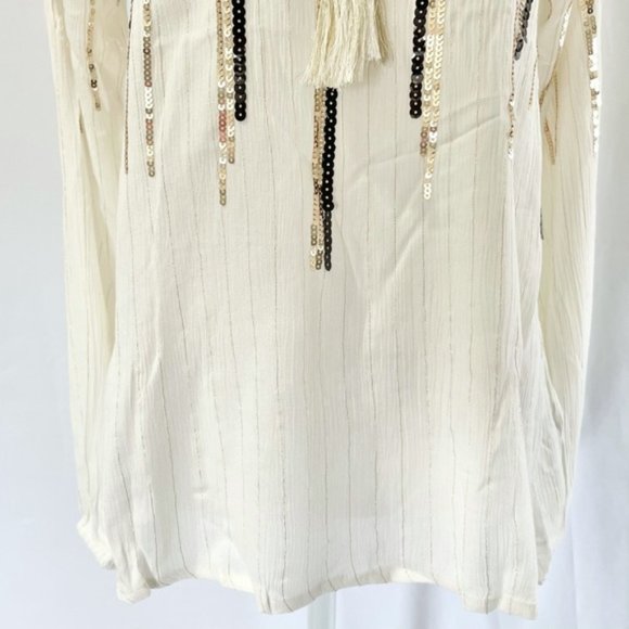 New Free The Roses Sequin Striped Tassel Tie Peasant Top Ivory Black Gold Medium - Picture 4 of 16